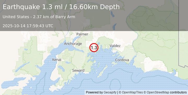 Earthquake 36 km NNE of Whittier, Alaska (1.5 ml) (2025-10-14 17:59:44 UTC)
