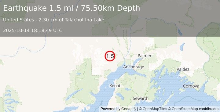 Earthquake 46 km SSW of Skwentna, Alaska (1.5 ml) (2025-10-14 18:18:49 UTC)