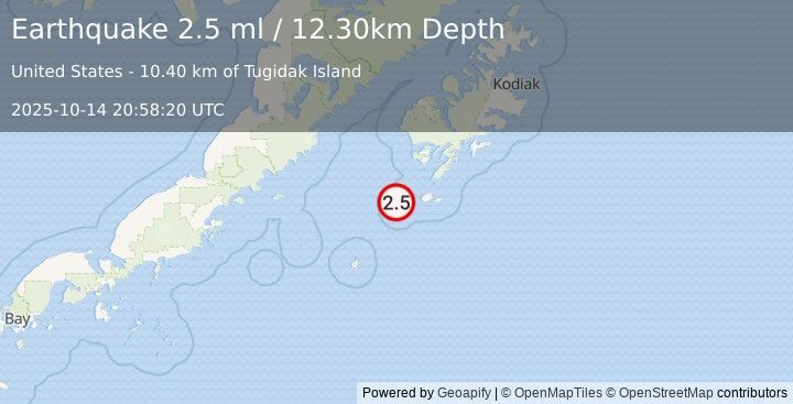 Earthquake 61 km SW of Akhiok, Alaska (2.5 ml) (2025-10-14 20:58:20 UTC)