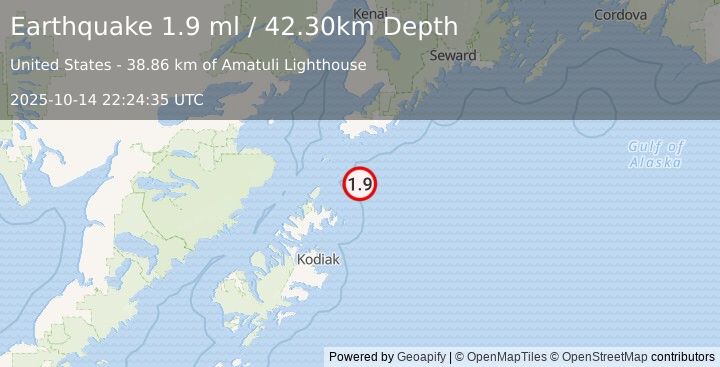 Earthquake 79 km SSE of Port Graham, Alaska (1.9 ml) (2025-10-14 22:24:35 UTC)