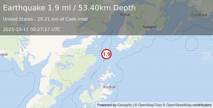 Earthquake 52 km SW of Nanwalek, Alaska (1.9 ml) (2025-10-15 00:27:17 UTC)