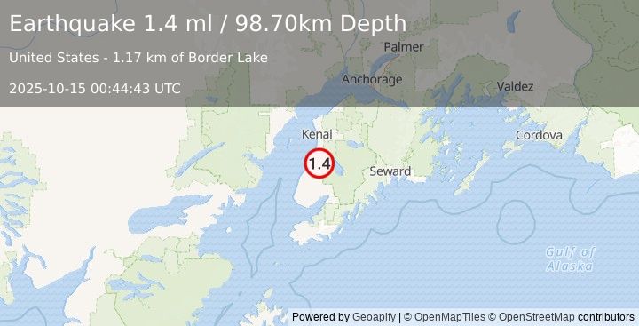 Earthquake 13 km ESE of Kasilof, Alaska (1.5 ml) (2025-10-15 00:44:45 UTC)