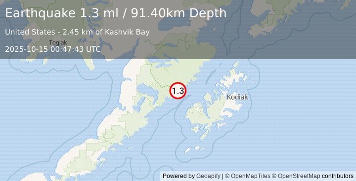 Earthquake 54 km NW of Karluk, Alaska (1.3 ml) (2025-10-15 00:47:43 UTC)