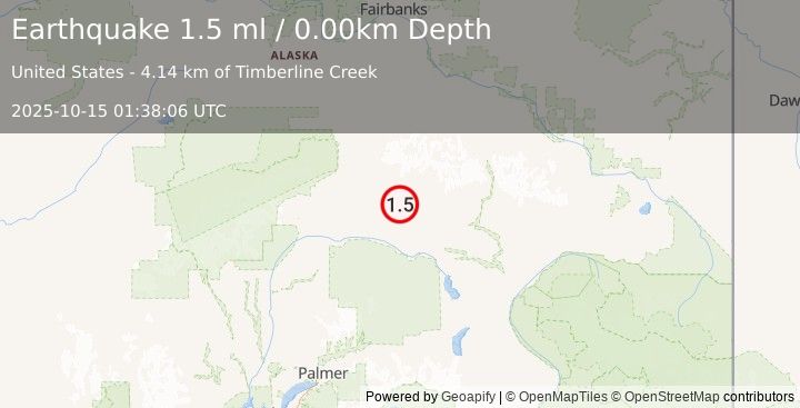 Earthquake 69 km ESE of Cantwell, Alaska (1.7 ml) (2025-10-15 01:38:06 UTC)