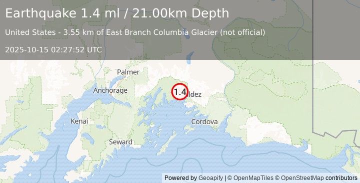 Earthquake 26 km WNW of Valdez, Alaska (1.4 ml) (2025-10-15 02:27:52 UTC)