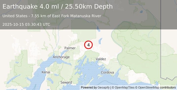Earthquake 13 km SE of Glacier View, Alaska (4.0 ml) (2025-10-15 03:30:44 UTC)