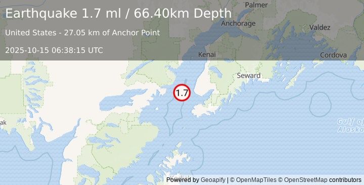 Earthquake 29 km WSW of Anchor Point, Alaska (1.7 ml) (2025-10-15 06:38:15 UTC)