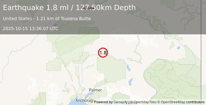 Earthquake 54 km SSE of Cantwell, Alaska (1.8 ml) (2025-10-15 13:36:07 UTC)