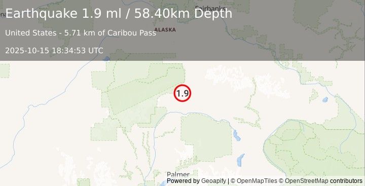 Earthquake 17 km S of Cantwell, Alaska (1.9 ml) (2025-10-15 18:34:53 UTC)