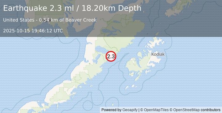 Earthquake 78 km W of Karluk, Alaska (2.3 ml) (2025-10-15 19:46:12 UTC)