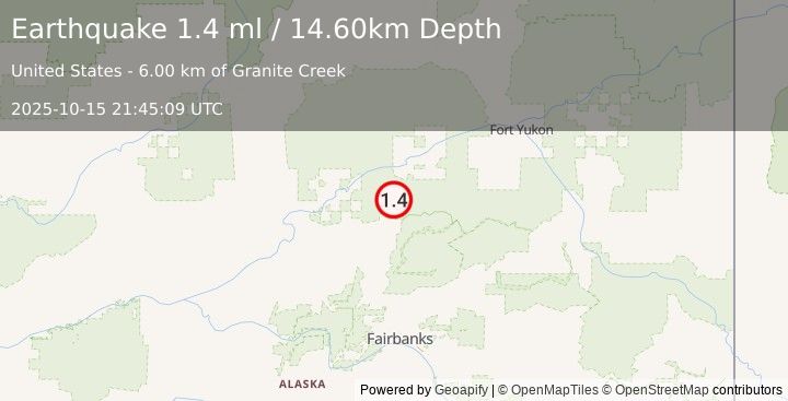 Earthquake 45 km SSW of Beaver, Alaska (1.4 ml) (2025-10-15 21:45:09 UTC)