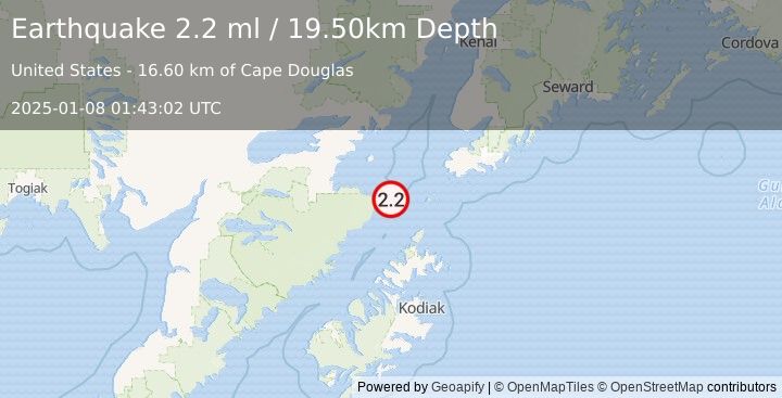 Earthquake 78 km SW of Nanwalek, Alaska (2.2 ml) (2025-01-08 01:43:02 UTC)