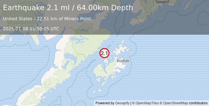 Earthquake 53 km W of Aleneva, Alaska (2.1 ml) (2025-01-08 01:50:05 UTC)