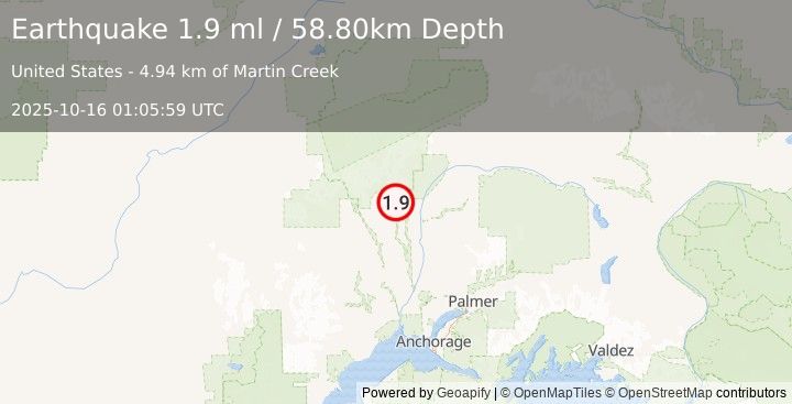 Earthquake 6 km ENE of Petersville, Alaska (1.9 ml) (2025-10-16 01:05:59 UTC)