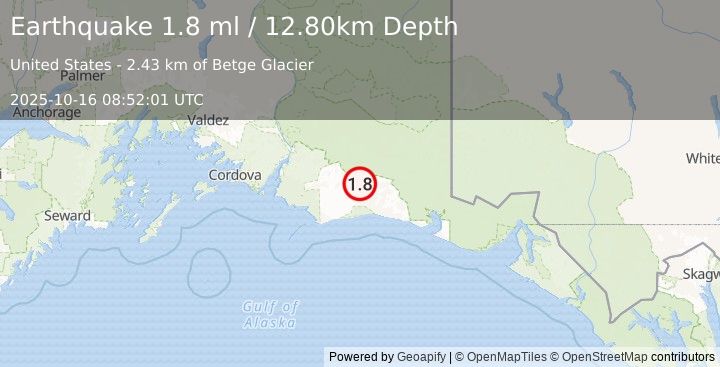 Earthquake 110 km S of McCarthy, Alaska (1.8 ml) (2025-10-16 08:52:01 UTC)