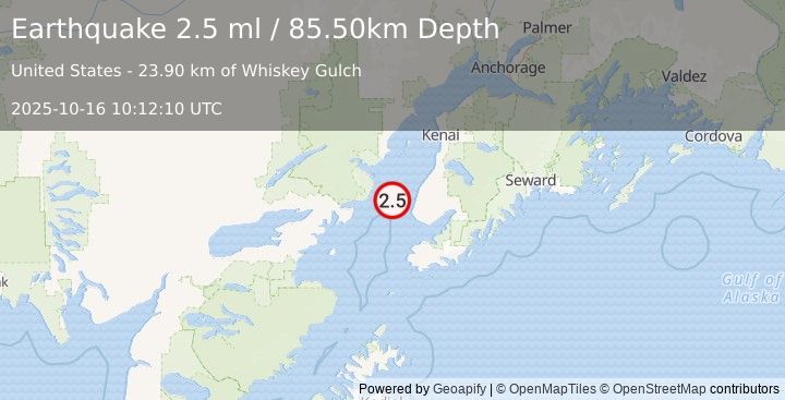 Earthquake 26 km WNW of Anchor Point, Alaska (2.5 ml) (2025-10-16 10:12:10 UTC)