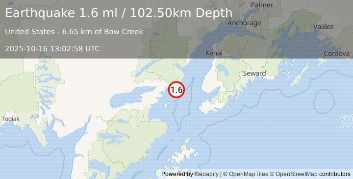 Earthquake 62 km W of Anchor Point, Alaska (1.6 ml) (2025-10-16 13:02:58 UTC)