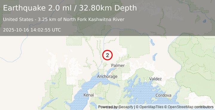 Earthquake 22 km S of Susitna North, Alaska (2.0 ml) (2025-10-16 14:02:55 UTC)