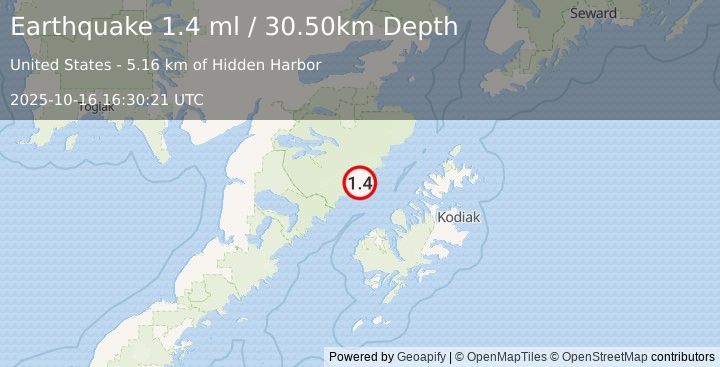 Earthquake 68 km N of Karluk, Alaska (1.4 ml) (2025-10-16 16:30:21 UTC)