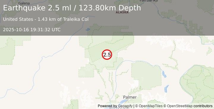 Earthquake 63 km N of Petersville, Alaska (2.5 ml) (2025-10-16 19:31:32 UTC)