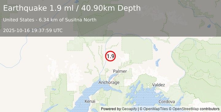 Earthquake 6 km SSE of Susitna North, Alaska (1.9 ml) (2025-10-16 19:37:59 UTC)