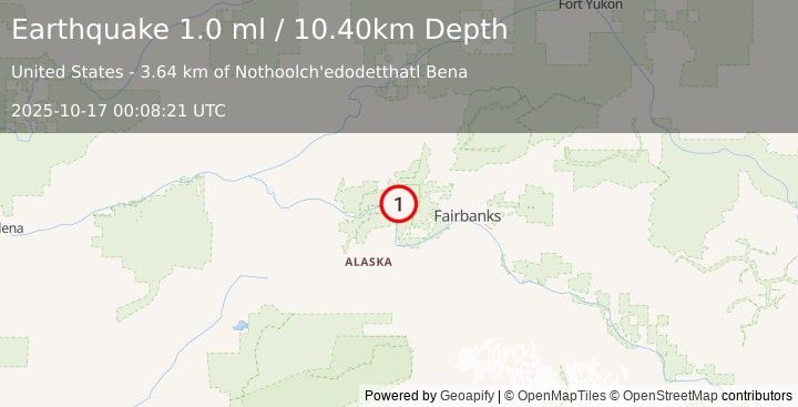 Earthquake 27 km SSE of Minto, Alaska (1.0 ml) (2025-10-17 00:08:21 UTC)