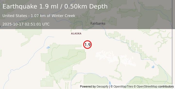 Earthquake 22 km E of Ferry, Alaska (1.9 ml) (2025-10-17 02:51:01 UTC)