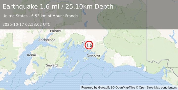Earthquake 19 km SE of Valdez, Alaska (1.6 ml) (2025-10-17 02:53:02 UTC)