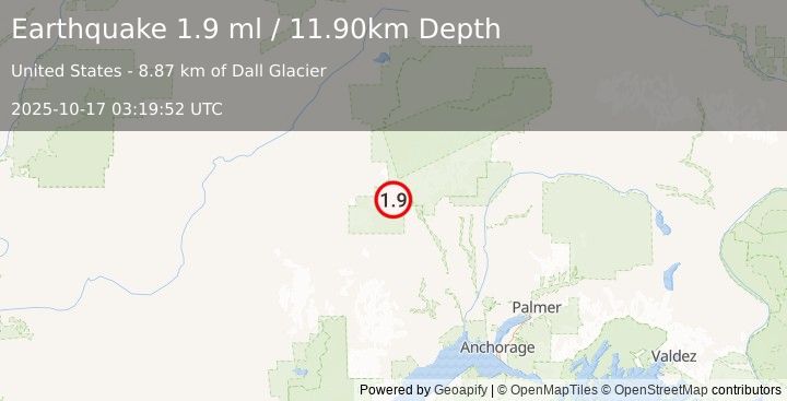 Earthquake 63 km W of Petersville, Alaska (1.9 ml) (2025-10-17 03:19:52 UTC)