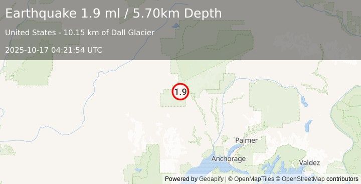 Earthquake 64 km W of Petersville, Alaska (1.9 ml) (2025-10-17 04:21:54 UTC)