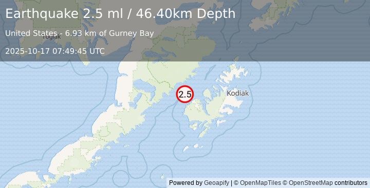 Earthquake 25 km NNW of Karluk, Alaska (2.5 ml) (2025-10-17 07:49:45 UTC)