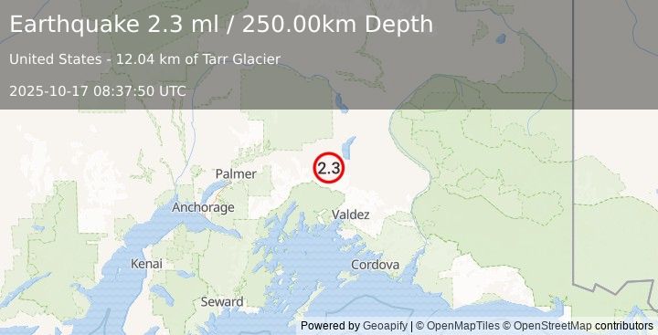 Earthquake 33 km SSE of Eureka Roadhouse, Alaska (2.3 ml) (2025-10-17 08:37:50 UTC)