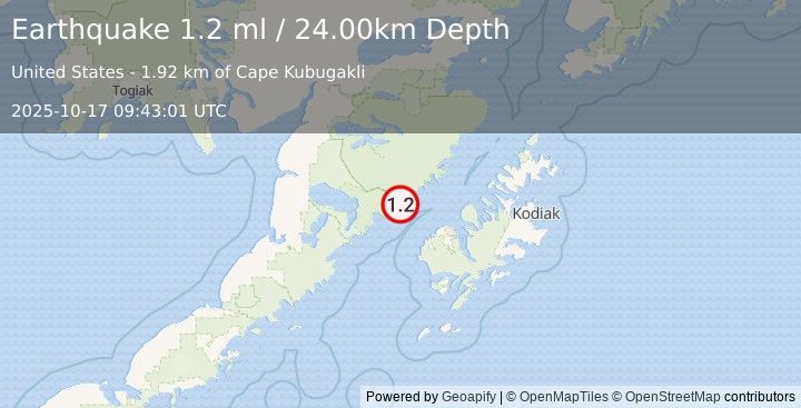 Earthquake 51 km NW of Karluk, Alaska (1.2 ml) (2025-10-17 09:43:01 UTC)