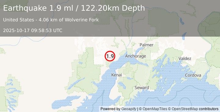 Earthquake 35 km WNW of Beluga, Alaska (1.9 ml) (2025-10-17 09:58:53 UTC)