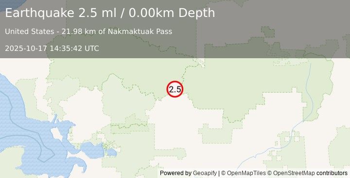 Earthquake 69 km NE of Ambler, Alaska (2.5 ml) (2025-10-17 14:35:42 UTC)