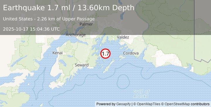 Earthquake 54 km NNE of Chenega, Alaska (1.7 ml) (2025-10-17 15:04:36 UTC)