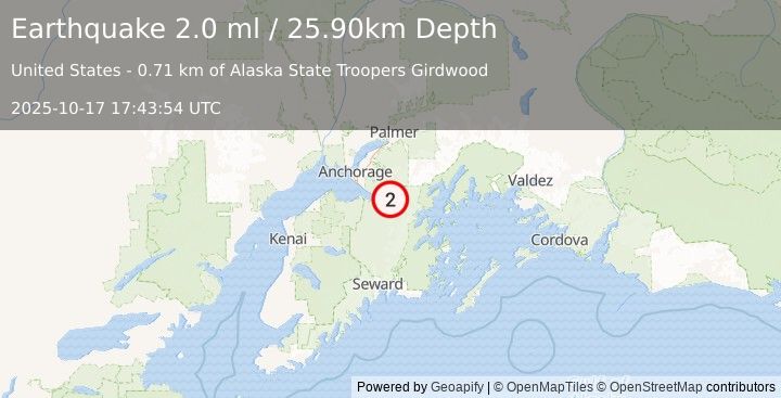 Earthquake 0 km WNW of Girdwood, Alaska (2.0 ml) (2025-10-17 17:43:54 UTC)