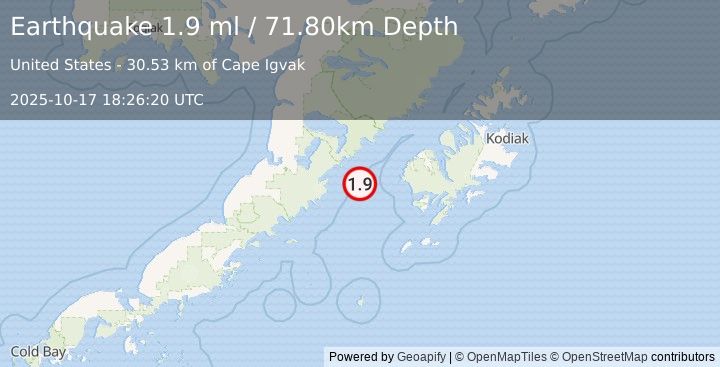 Earthquake 79 km WSW of Karluk, Alaska (1.9 ml) (2025-10-17 18:26:20 UTC)