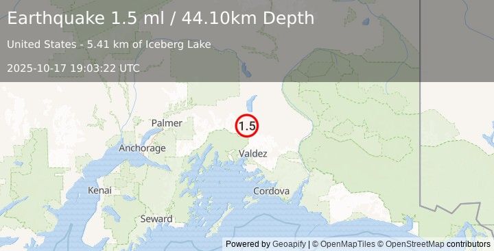 Earthquake 48 km NNW of Valdez, Alaska (1.5 ml) (2025-10-17 19:03:22 UTC)