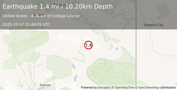 Earthquake 26 km NE of Paxson, Alaska (1.4 ml) (2025-10-17 21:48:05 UTC)