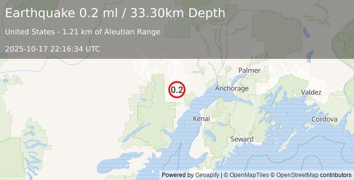 Earthquake 66 km W of Tyonek, Alaska (0.2 ml) (2025-10-17 22:16:34 UTC)