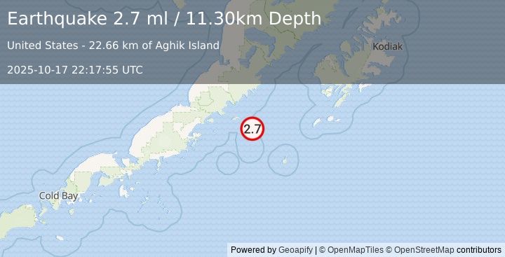 Earthquake 112 km E of Chignik, Alaska (2.7 ml) (2025-10-17 22:17:56 UTC)
