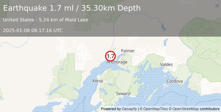 Earthquake 16 km SSE of Susitna, Alaska (1.7 ml) (2025-01-08 08:17:16 UTC)