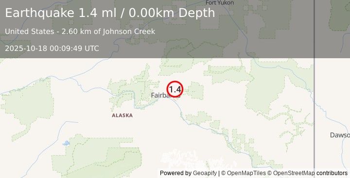 Earthquake 15 km NW of Two Rivers, Alaska (1.4 ml) (2025-10-18 00:09:49 UTC)