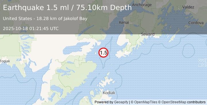 Earthquake 51 km W of Nanwalek, Alaska (1.5 ml) (2025-10-18 01:21:45 UTC)