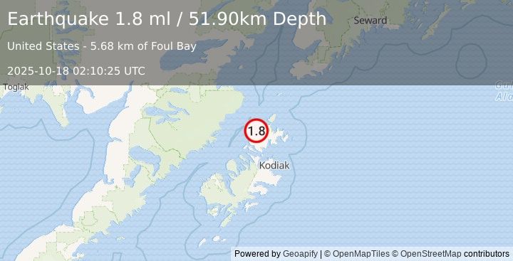 Earthquake 33 km N of Aleneva, Alaska (1.8 ml) (2025-10-18 02:10:25 UTC)