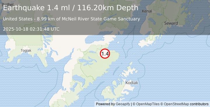 Earthquake 59 km SSE of Kokhanok, Alaska (1.4 ml) (2025-10-18 02:31:48 UTC)