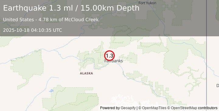 Earthquake 16 km N of Ester, Alaska (1.3 ml) (2025-10-18 04:10:35 UTC)