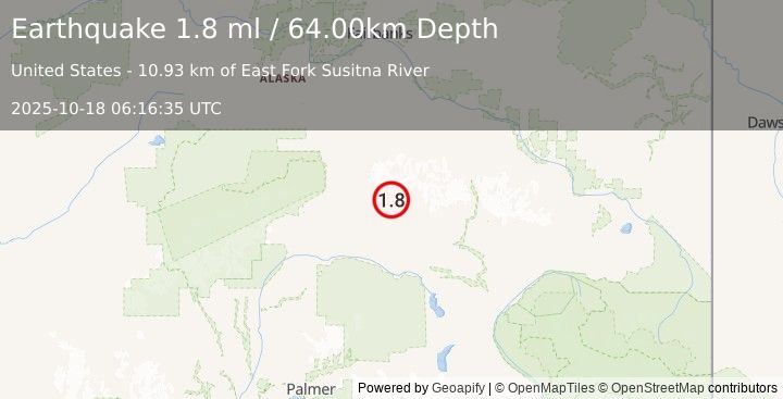 Earthquake 73 km E of Cantwell, Alaska (1.8 ml) (2025-10-18 06:16:35 UTC)