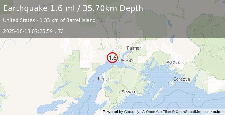Earthquake 29 km ENE of Beluga, Alaska (1.6 ml) (2025-10-18 07:25:59 UTC)